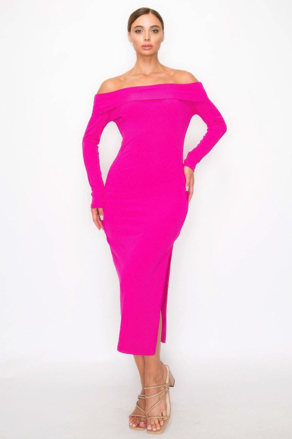 Off-shoulder Rib Midi Dress - Fit Me For 20
