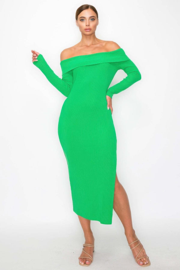 Off-shoulder Rib Midi Dress - Fit Me For 20