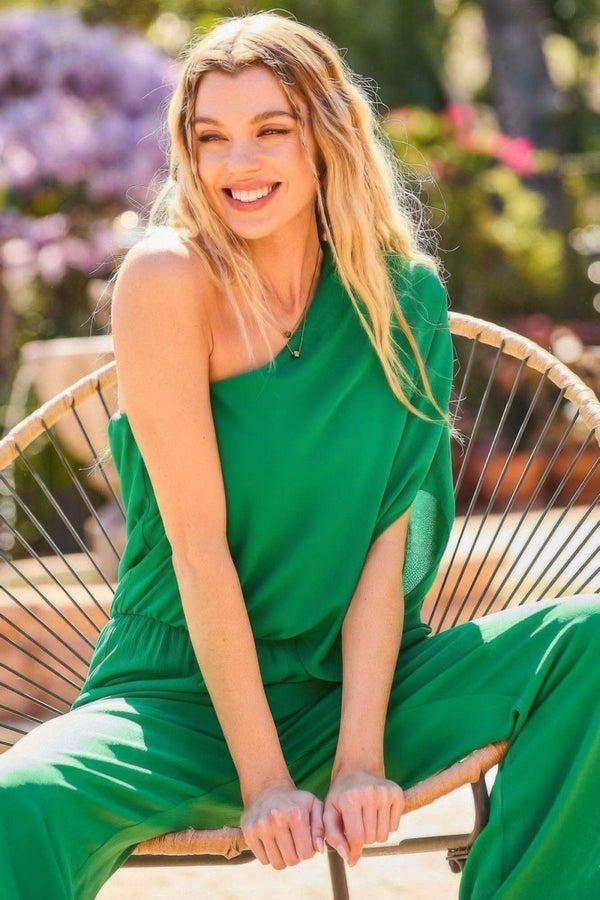 One Shoulder 3/4 Sleeve Unbalanced Waist Elastic Solid Pants Jumpsuit - Fit Me For 20