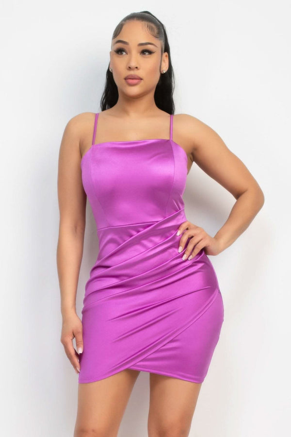 Overlapping Hem Shirred Satin Dress - Fit Me For 20
