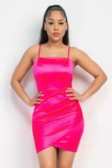 Overlapping Hem Shirred Satin Dress - Fit Me For 20
