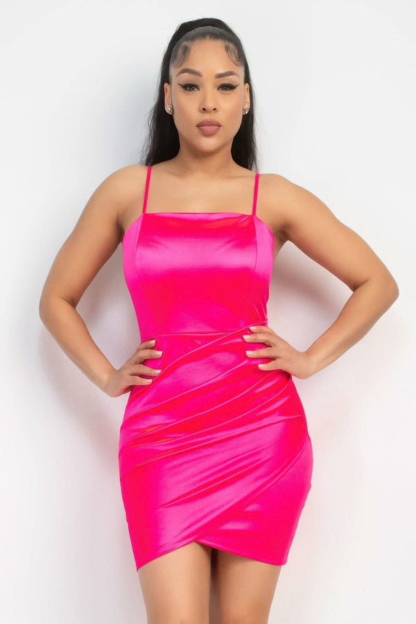 Overlapping Hem Shirred Satin Dress - Fit Me For 20
