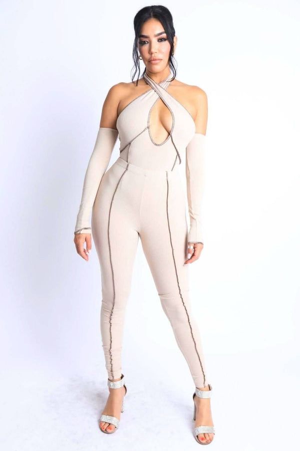 Overlock Detailed Cross Halter Keyhole Neck Off Shoulder Set - Fit Me For 20