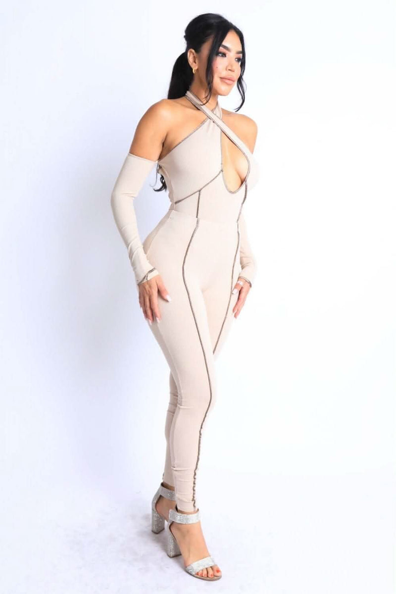 Overlock Detailed Cross Halter Keyhole Neck Off Shoulder Set - Fit Me For 20