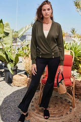 Overwrap Front Button Detail Long Sleeve Knit Top - Fit Me For 20