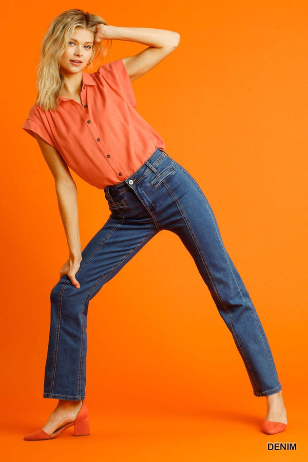 Panel Straight Cut Denim Jeans With Pockets - Fit Me For 20