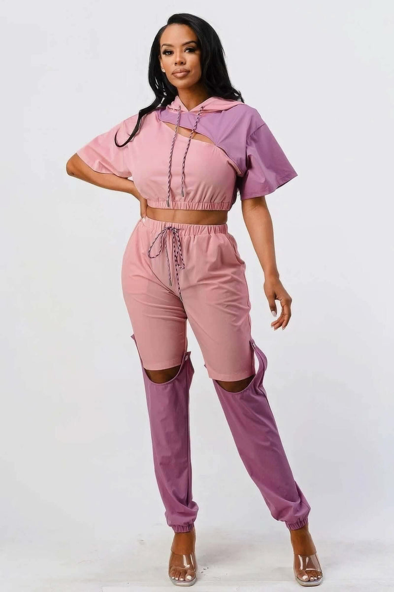 Pants Set In Color Block With Hoodie And Detachable Bottom Part - Fit Me For 20