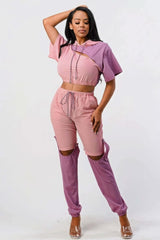 Pants Set In Color Block With Hoodie And Detachable Bottom Part - Fit Me For 20
