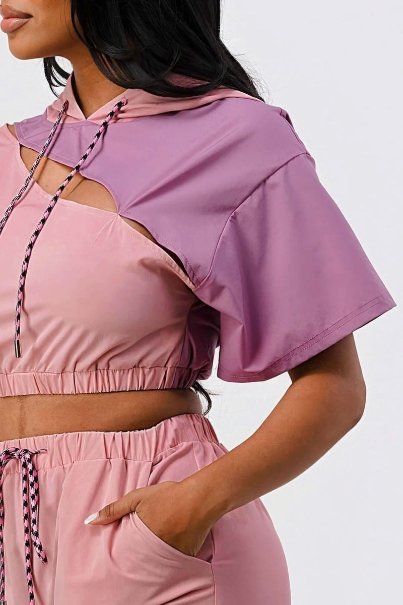 Pants Set In Color Block With Hoodie And Detachable Bottom Part - Fit Me For 20