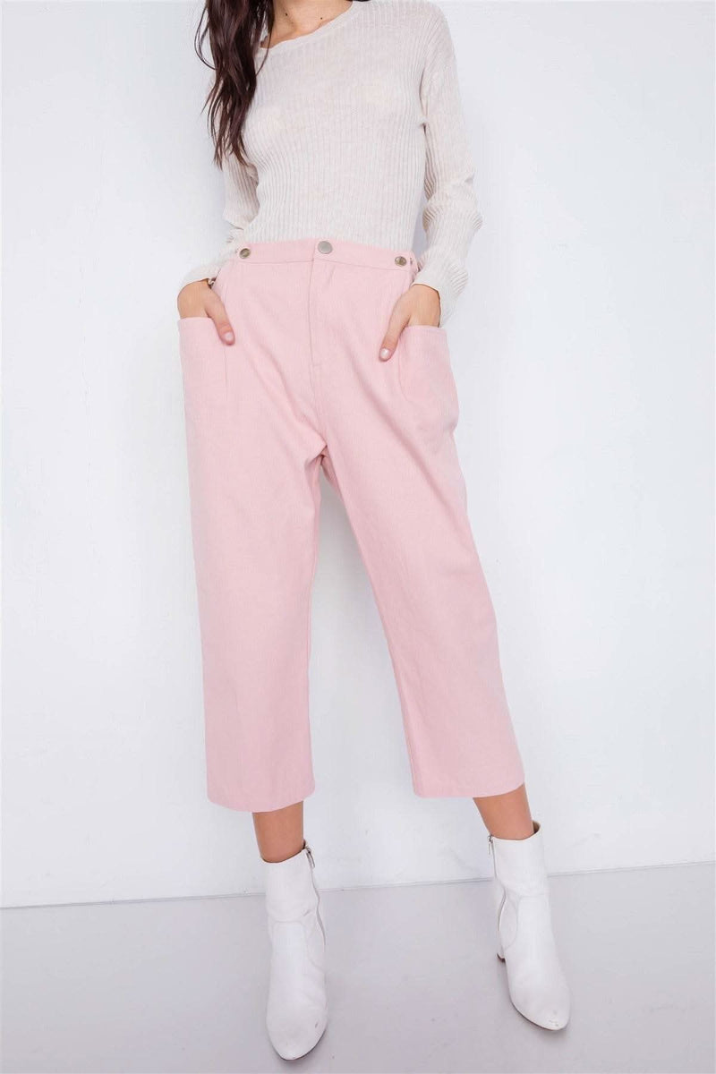 Pastel Chic Solid Ankle Wide Leg Adjustable Snap Waist Pants - Fit Me For 20