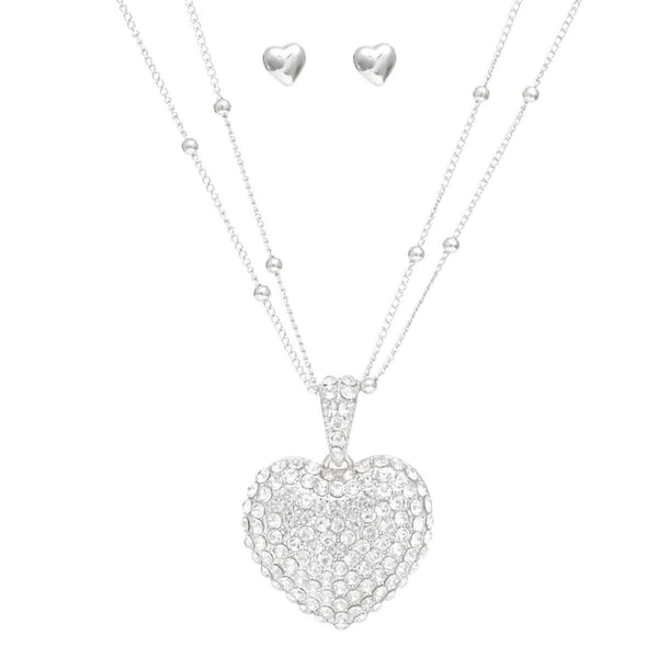 Pendant Silver 2 Layer Puffy Rhinestone Heart Set - Fit Me For 20