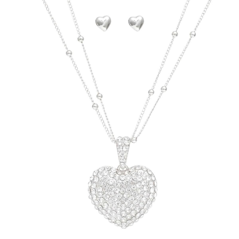 Pendant Silver 2 Layer Puffy Rhinestone Heart Set - Fit Me For 20