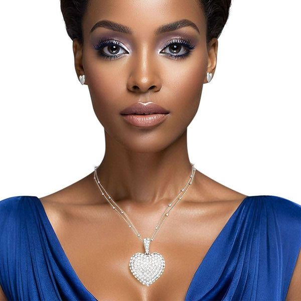 Pendant Silver 2 Layer Puffy Rhinestone Heart Set - Fit Me For 20