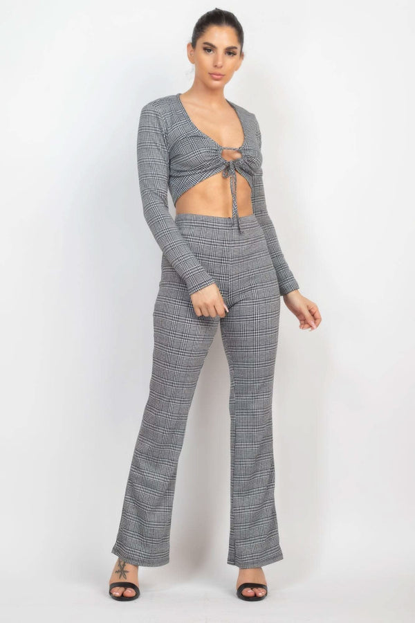 Plaid Cut-out Long Sleeve Top & Pants Set - Fit Me For 20