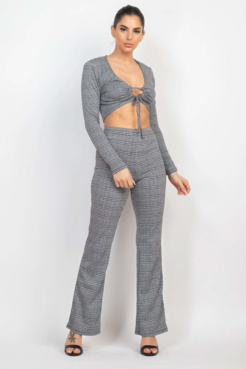 Plaid Cut-out Long Sleeve Top & Pants Set - Fit Me For 20