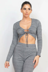 Plaid Cut-out Long Sleeve Top & Pants Set - Fit Me For 20