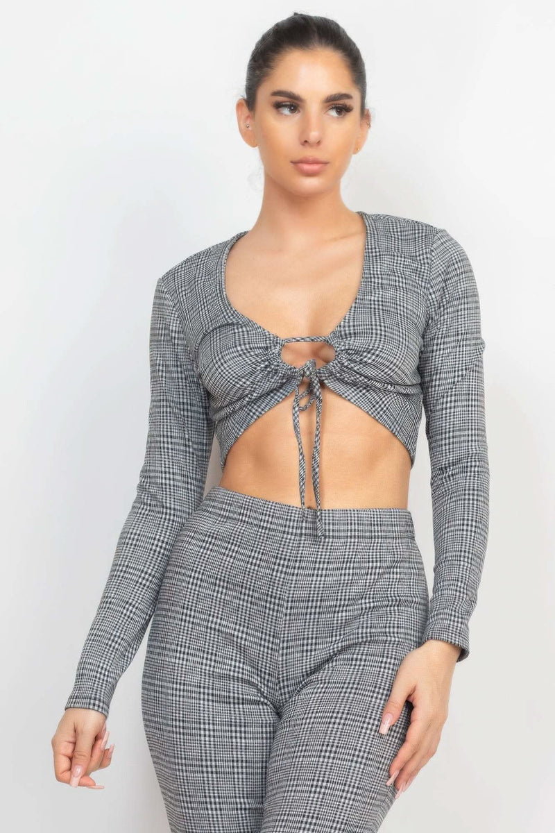 Plaid Cut-out Long Sleeve Top & Pants Set - Fit Me For 20