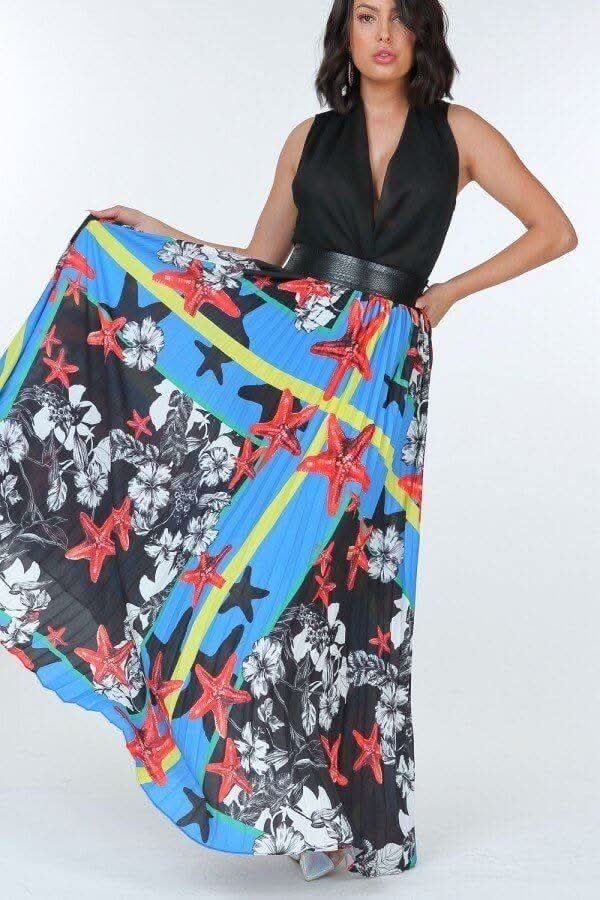 Pleated Print Maxi Skirt With Leather Waist Band - Fit Me For 20