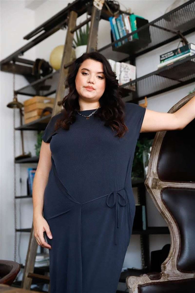 Plus Black Ribbed Front Wrap Lace Tie Detail Midi Dress - Fit Me For 20