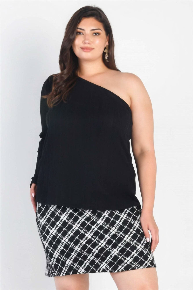 Plus Black Ribbed One Shoulder Top - Fit Me For 20