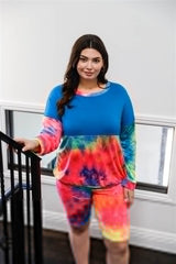 Plus Blue Neon Rainbow Tie-dye Colorblock Long Sleeve Top & Biker Shorts Set - Fit Me For 20