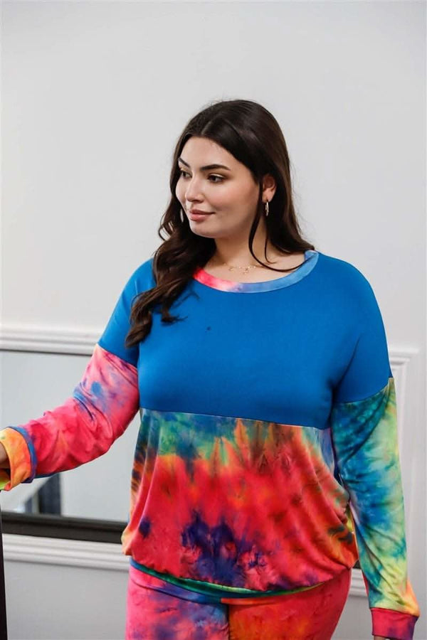 Plus Blue Neon Rainbow Tie-dye Colorblock Long Sleeve Top & Biker Shorts Set - Fit Me For 20