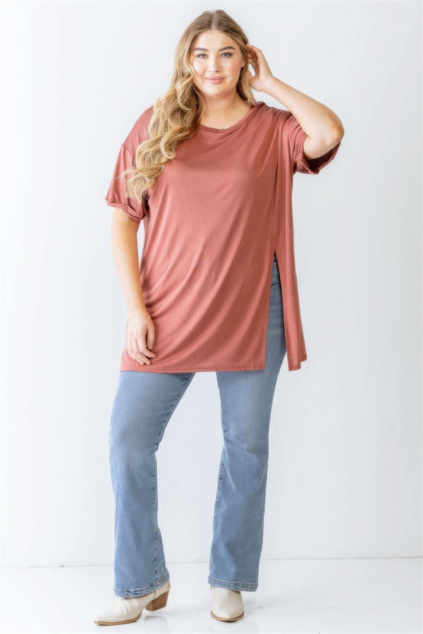 Plus Brick Round Neck Short Sleeve Relax Top - Fit Me For 20