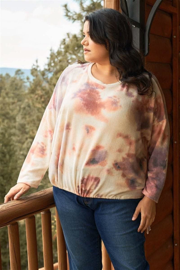 Plus Cream Rust Bleached Tie-dye Long Sleeve Drawstring Detail Relaxed Sweatshirt - Fit Me For 20