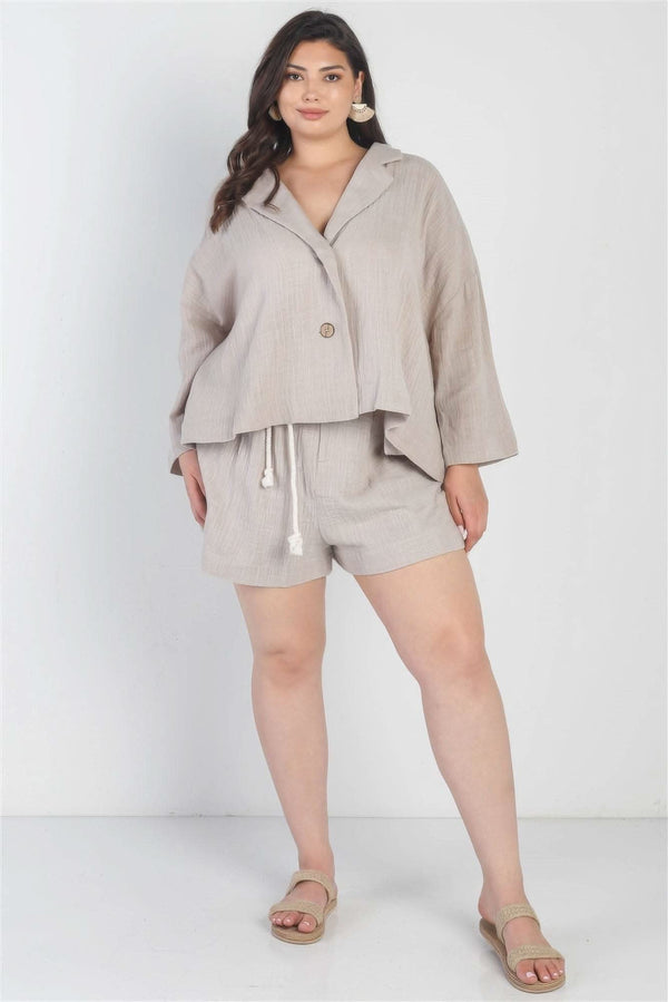 Plus Grey Button-up Collared Neck Blazer High Waist Shorts Set - Fit Me For 20