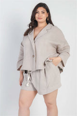 Plus Grey Button-up Collared Neck Blazer High Waist Shorts Set - Fit Me For 20