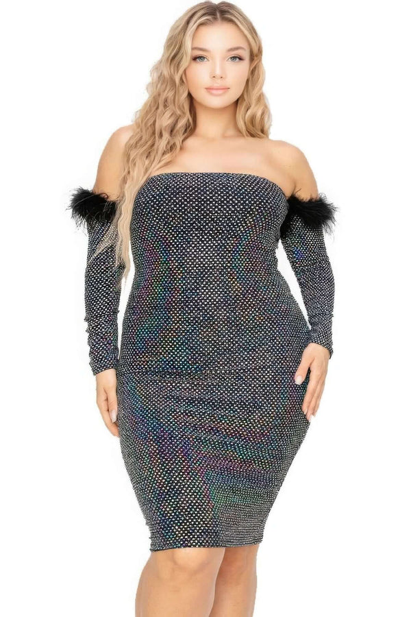 Plus Off Shoulder Feather Trim Detail Sequin Dress - Fit Me For 20