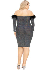 Plus Off Shoulder Feather Trim Detail Sequin Dress - Fit Me For 20