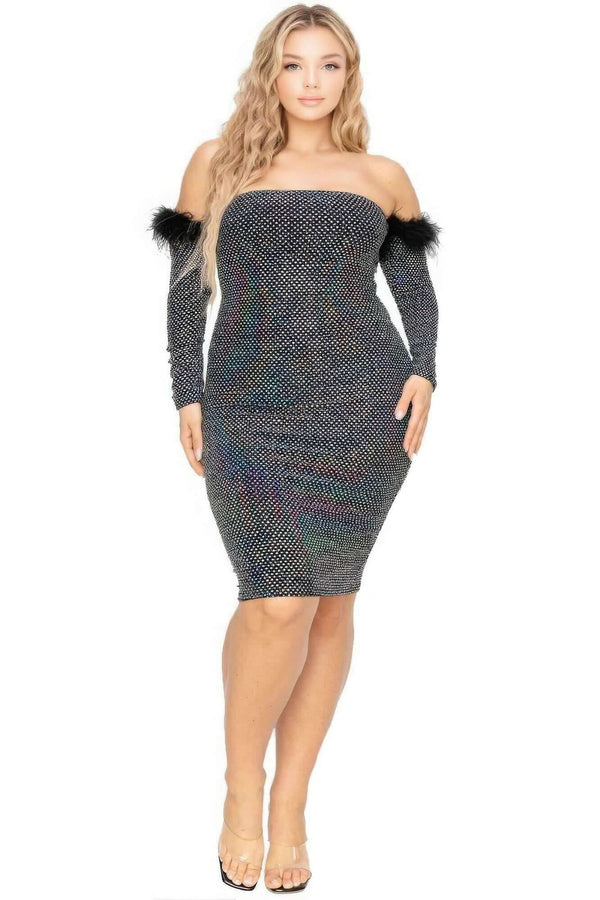 Plus Off Shoulder Feather Trim Detail Sequin Dress - Fit Me For 20