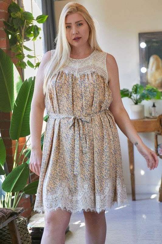 Plus Printed Round Neck Sleeveless Mini Dress - Fit Me For 20