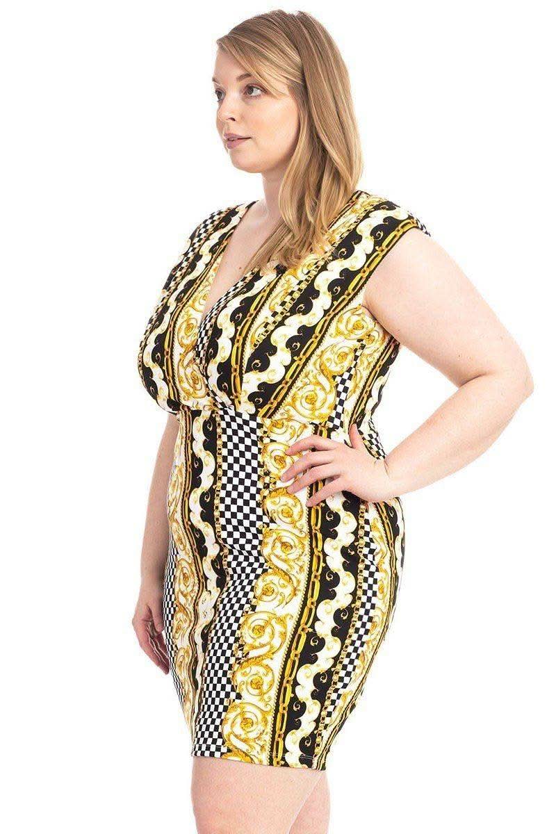 Plus Size Boarder Print V-neck Bodycon Dress - Fit Me For 20