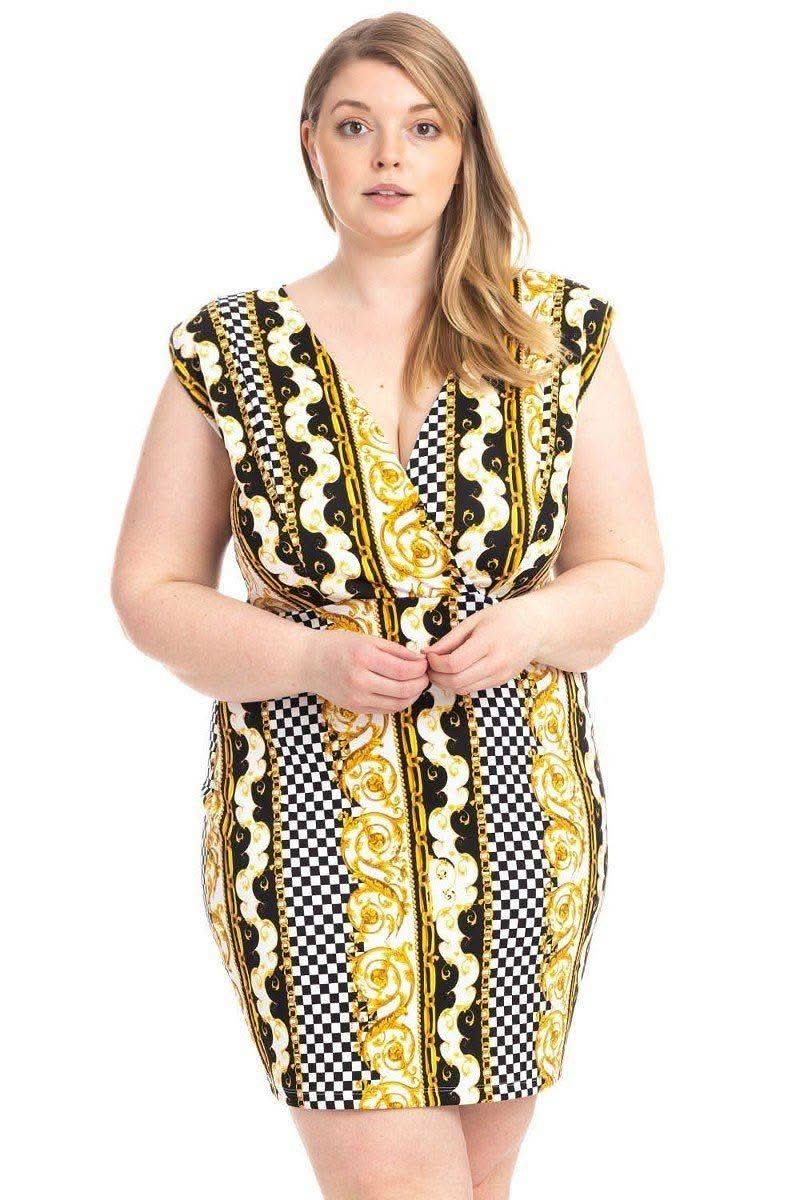 Plus Size Boarder Print V-neck Bodycon Dress - Fit Me For 20