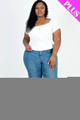 Plus size casual ruched puff sleeve ribbed knit solid top - Fit Me For 20