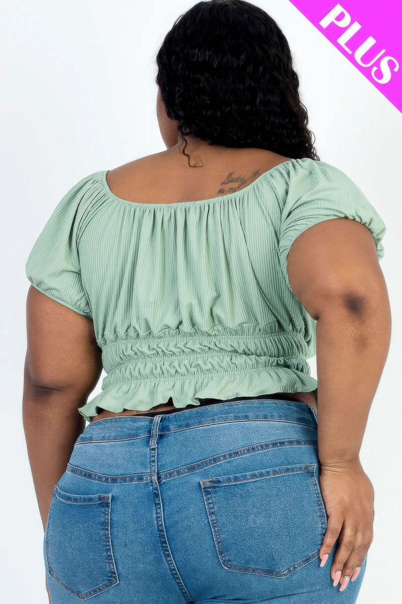 Plus size casual ruched puff sleeve ribbed knit solid top - Fit Me For 20