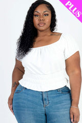 Plus size casual ruched puff sleeve ribbed knit solid top - Fit Me For 20