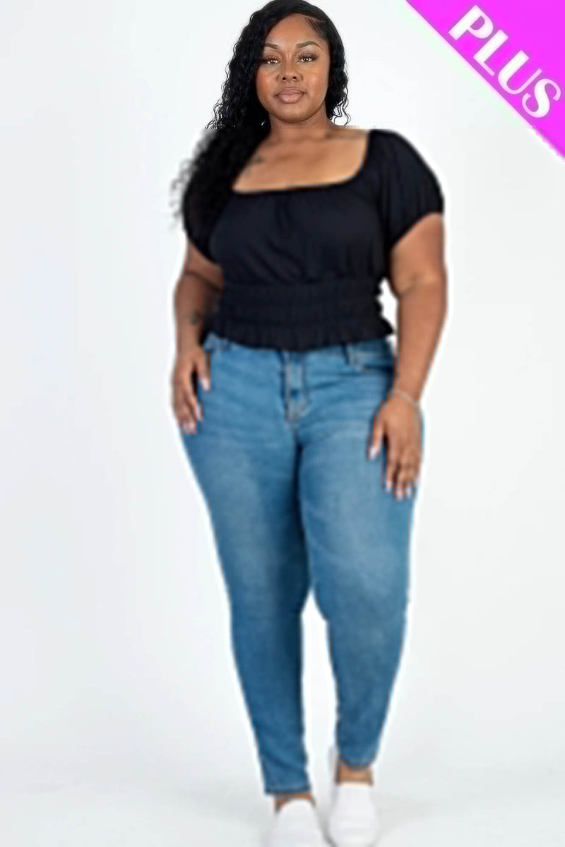 Plus size casual ruched puff sleeve ribbed knit solid top - Fit Me For 20