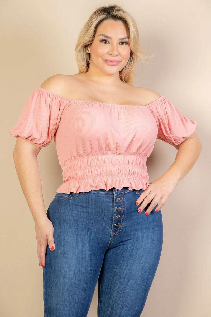 Plus size casual ruched puff sleeve ribbed knit solid top - Fit Me For 20