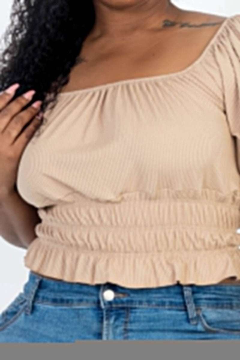 Plus size casual ruched puff sleeve ribbed knit solid top - Fit Me For 20
