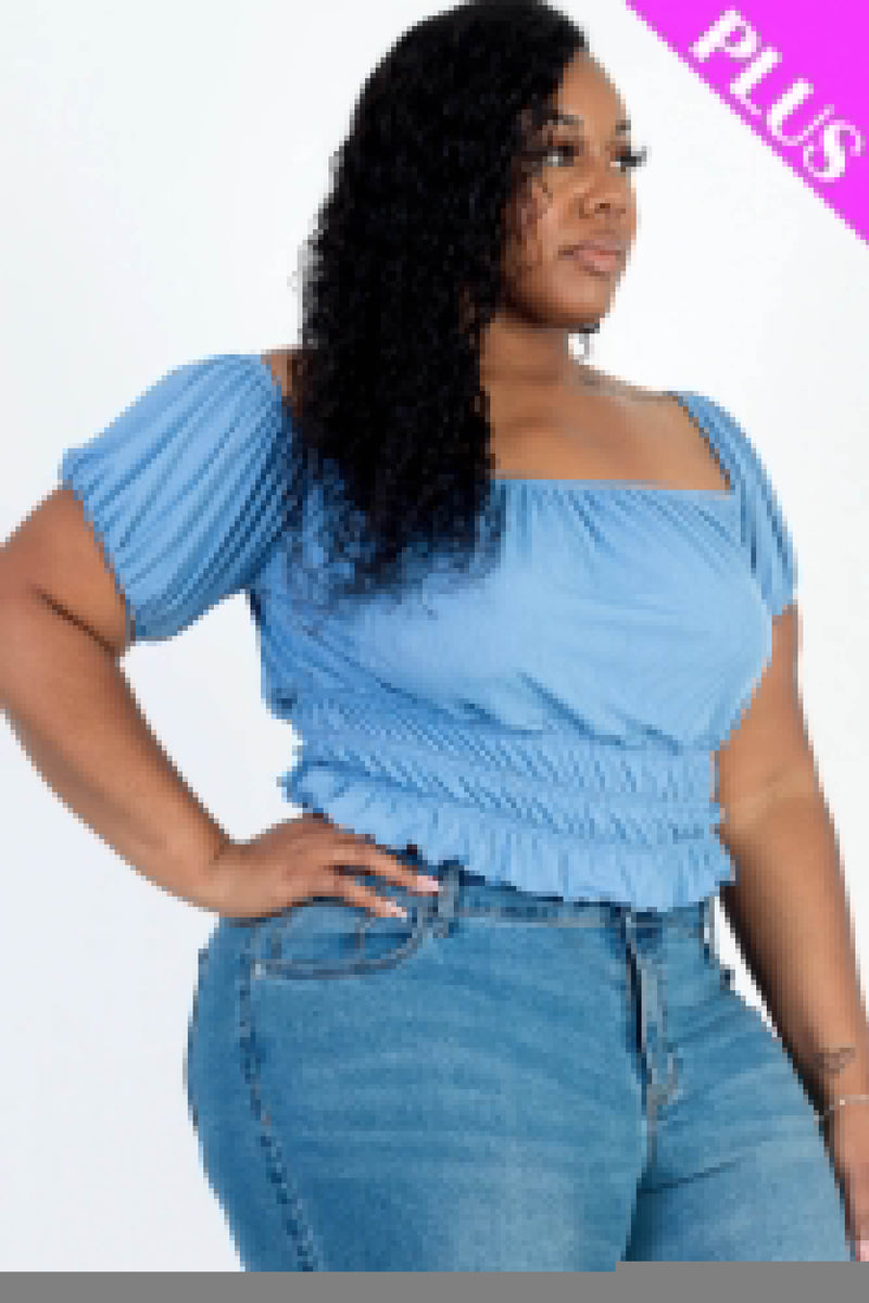 Plus size casual ruched puff sleeve ribbed knit solid top - Fit Me For 20
