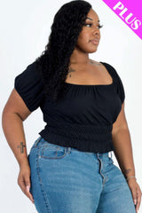 Plus size casual ruched puff sleeve ribbed knit solid top - Fit Me For 20