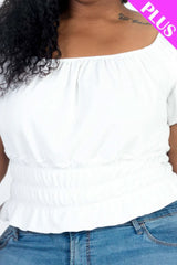 Plus size casual ruched puff sleeve ribbed knit solid top - Fit Me For 20