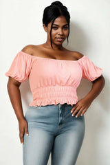 Plus size casual ruched puff sleeve ribbed knit solid top - Fit Me For 20