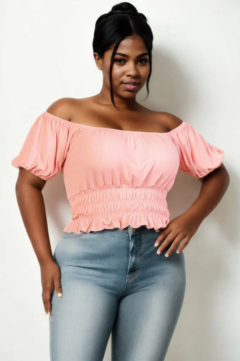 Plus size casual ruched puff sleeve ribbed knit solid top - Fit Me For 20