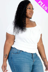 Plus size casual ruched puff sleeve ribbed knit solid top - Fit Me For 20