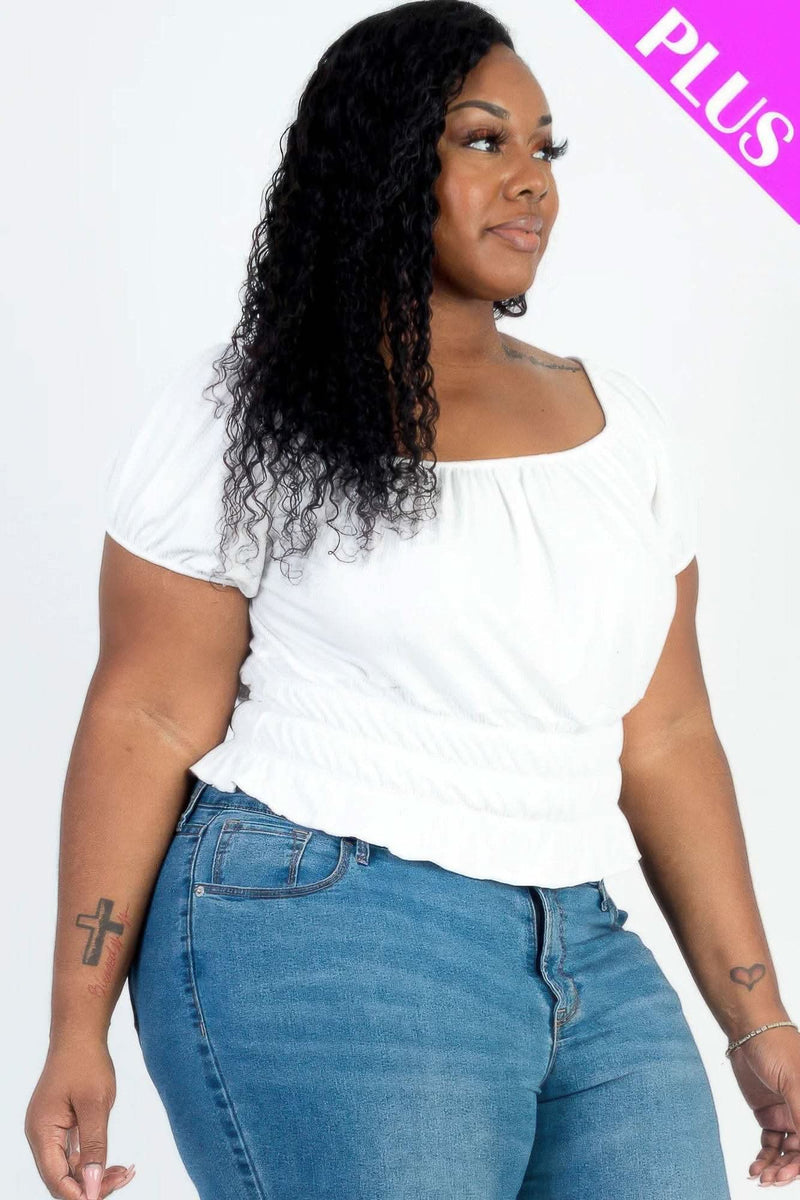 Plus size casual ruched puff sleeve ribbed knit solid top - Fit Me For 20