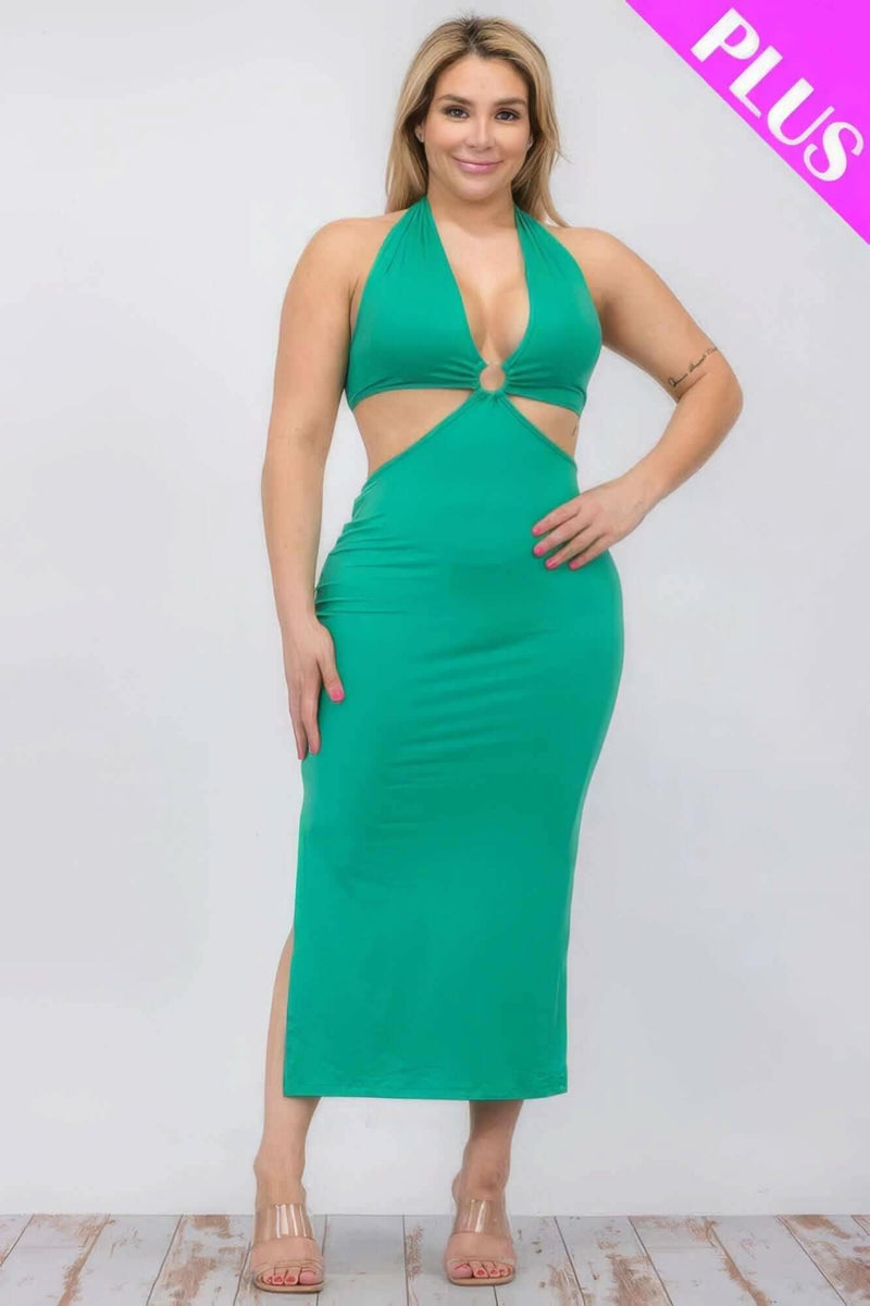 Plus Size Cut-out Halter Neck Double Back Tie Split Thigh Midi Dress - Fit Me For 20